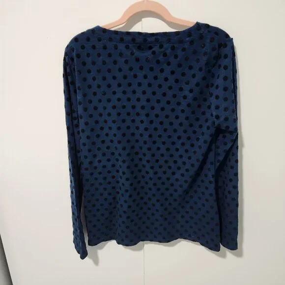 Talbots Women's Blue Top with Black Velvet Polka Dots Long Sleeve Shirt Medium - Picture 3 of 3